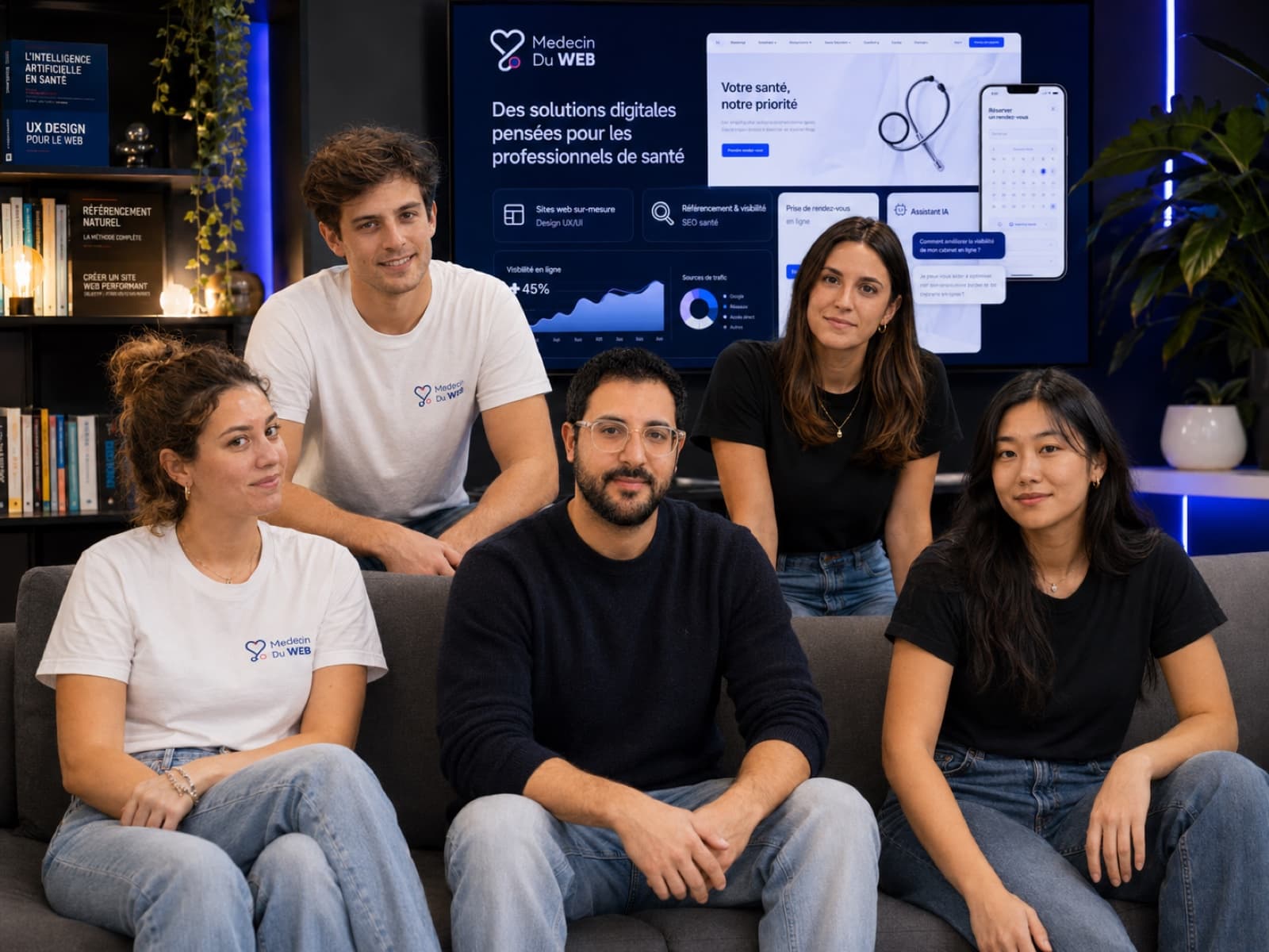 L'équipe pluridisciplinaire de Médecin du Web — designers, développeurs, ingénieurs IA et juristes santé