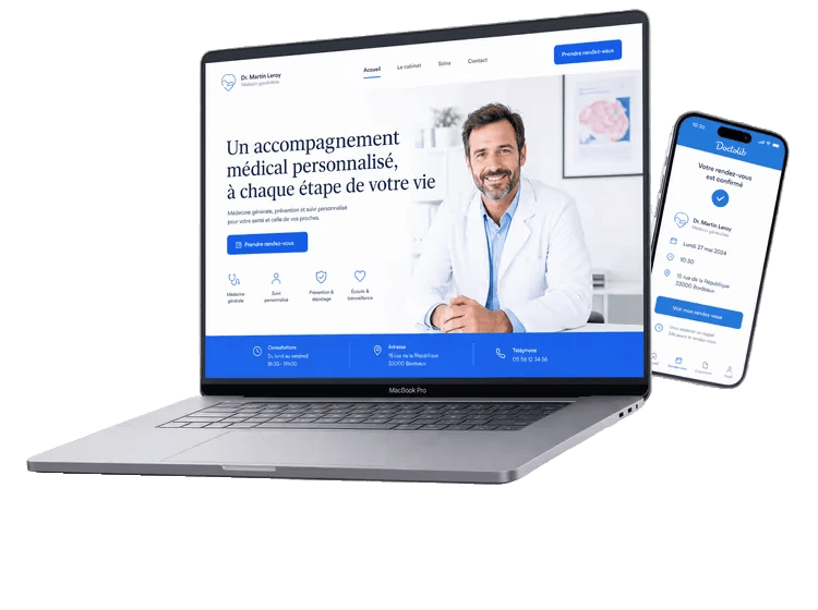Aperçu d'un site médical et d'une réservation Doctolib réalisés par Médecin du Web